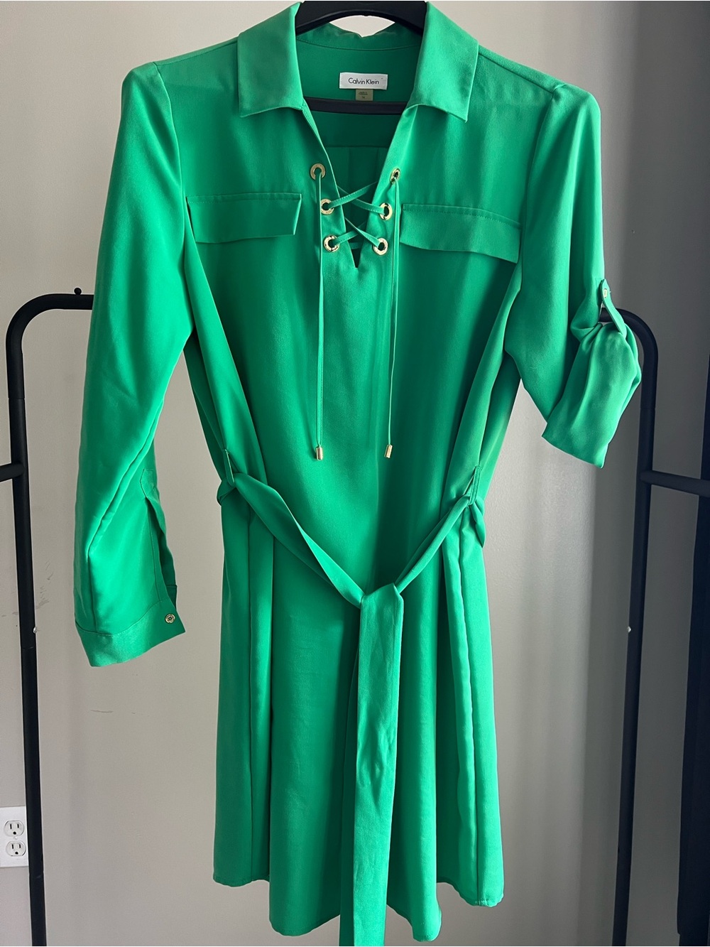 Calvin Klein Emerald Green Lace-Up Shirt Dress